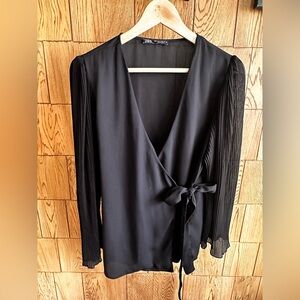 Zara Black Pleated Sleeve Wrap Blouse